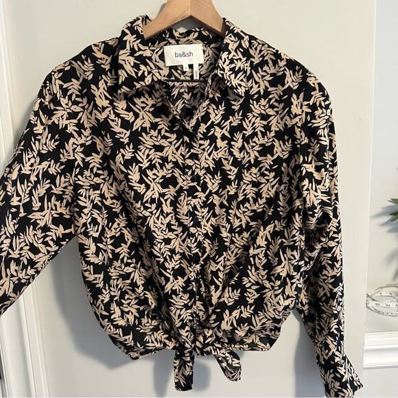 Ba&sh Black Cream Floral Printed Button Front Tie Front Blouse Top XS - Picture 10 of 12
